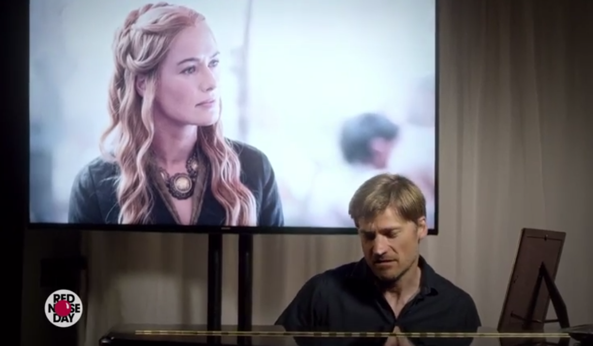 Nikolaj Coster-Waldau (Jaime Lannister) sings a passionate ballad to pictures of Lena Headey (Cersei Lannister) Image source: Screen grab / YouTube